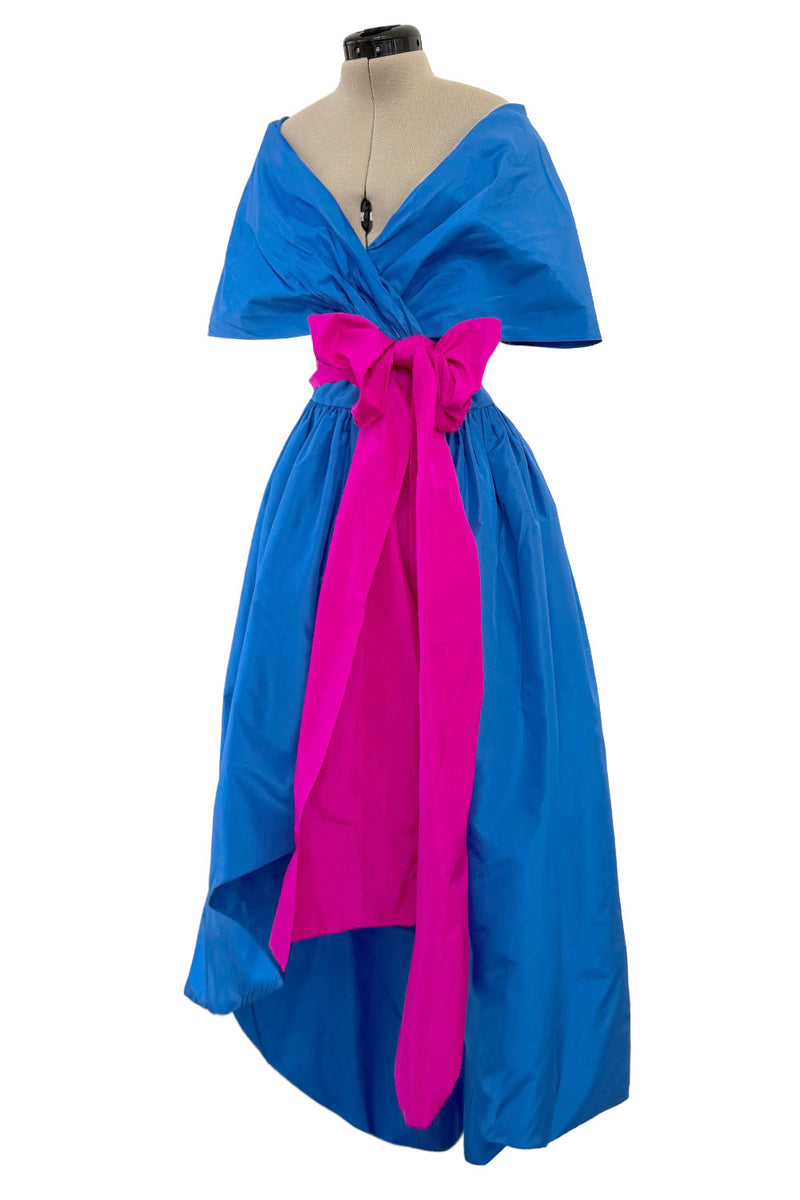 Prettiest 1980s Adele Simpson Blue Silk Plunge Wrap Dress w Brillaint Shrimpton Couture Prettiest 1980s Adele Simpson Blue Silk Plunge Wrap Dress w Brillaint Shrimpton Couture