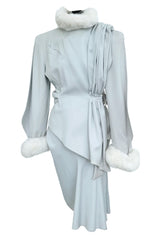 Ultra Rare Fall 1986 Thierry Mugler Ad / Runway Pale Ice Blue Suit w Faux Fur Cuffs & Collar