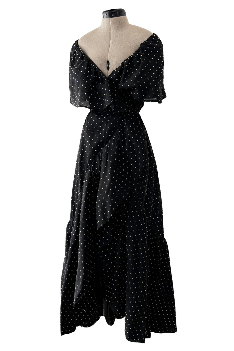 Dreamy 1981 Halston White Embroidered Dot on Black Wrap Off Shoulder Dress w Caped Neckline
