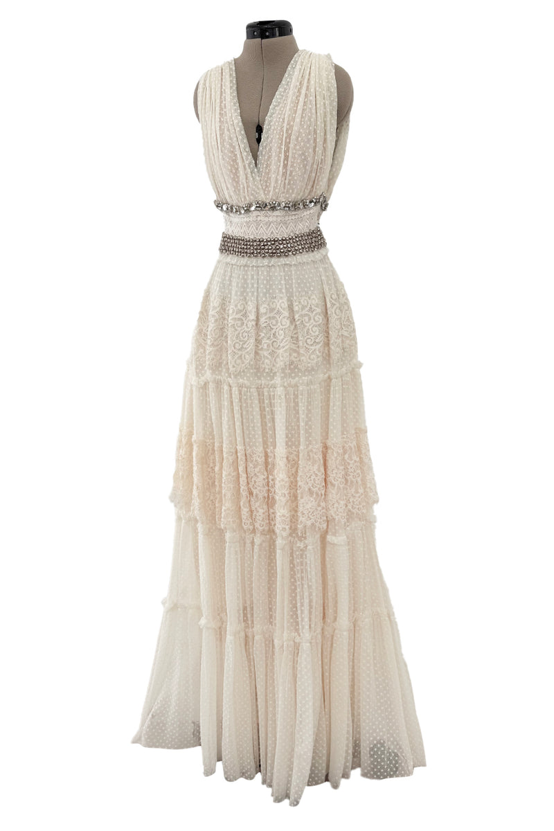 Gorgeous 2010s Lanvin Blanche by Alber Elbaz Dotted Net Plunge Dress w Rhinestone Details