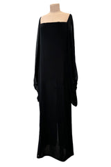 Minimalist c.1978 Pierre Cardin Haute Couture Black Silk Chiffon Dress w Huge Balloon Sleeves