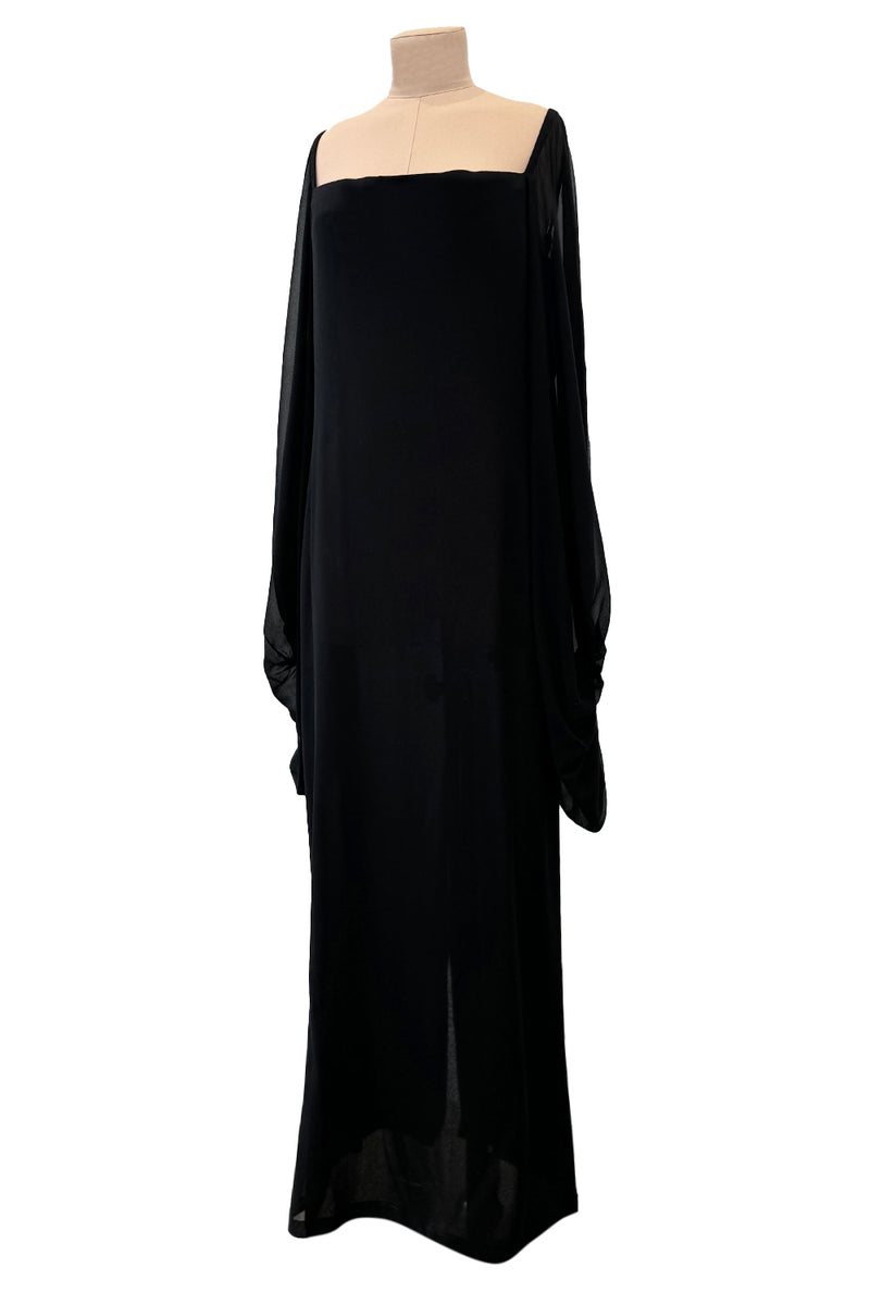Minimalist c.1978 Pierre Cardin Haute Couture Black Silk Chiffon Dress w Huge Balloon Sleeves