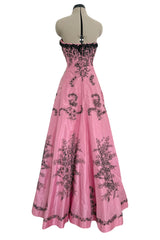 Exceptional Spring 2004 Oscar de la Renta Runway Look 39 Strapless Pink Silk w Black Embroidery & Beads