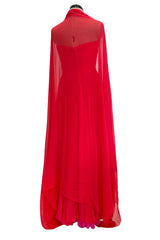 Beautiful Spring 1989 Bob Mackie Runway Red Silk Chiffon Dress & Cape w Inner Pink Layer