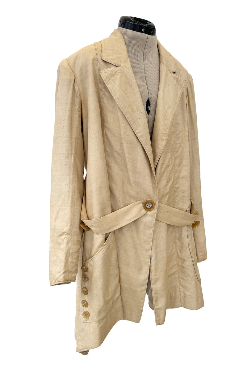 Incredible 1920s or Earlier Unlabeled Ultra Fine Natural Linen Jacket w Hand Carved Buttons