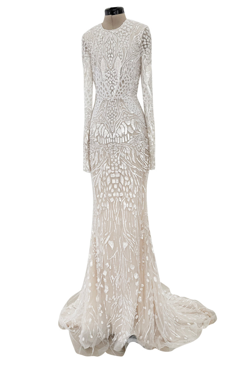 Beautiful Spring 2022 Naeem Khan Bridal Collection 'Salinas' Ivory Net Dress w Sequin Pattern & Trained Skirt