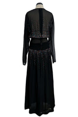 Spectacular 1970s Givenchy by Hubert de Givenchy Black Chiffon Dress w Colored Rhinestones