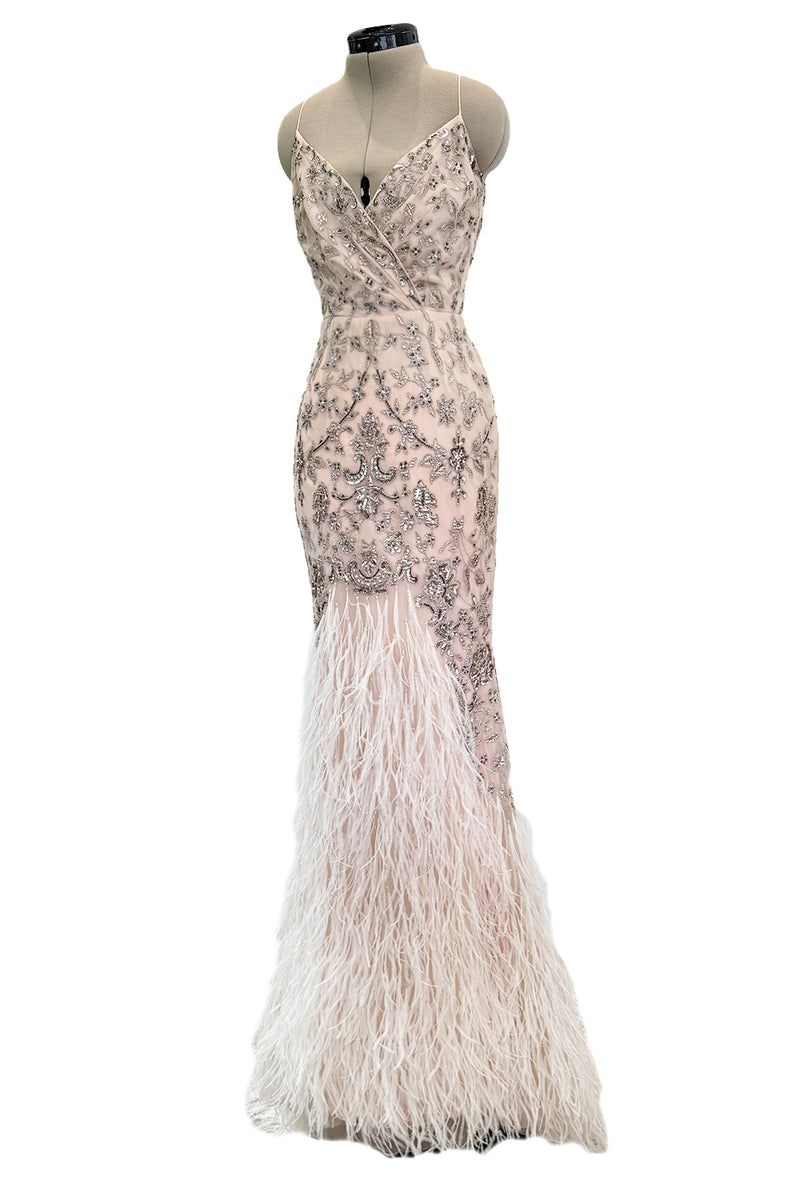 Dreamy Spring 2012 Oscar de la Renta Runway Look 47 Nude Pink Feather Dress w Silver Thread Flowers Detailing