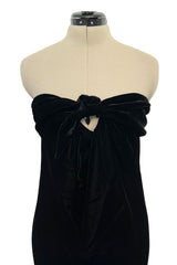 Rare 1976 Halston Couture Iconic Well Documented Front Tying Bias Cut Black Velvet Strapless Column Dress