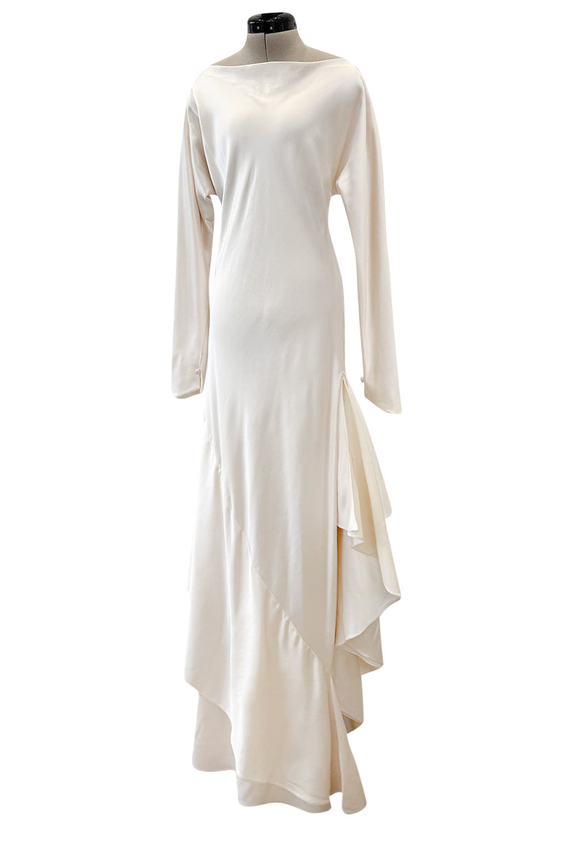 Incredible 1977 Halston Couture Heavy Weighted Ivory Silk Charmeuse Spiral Paneled Dress