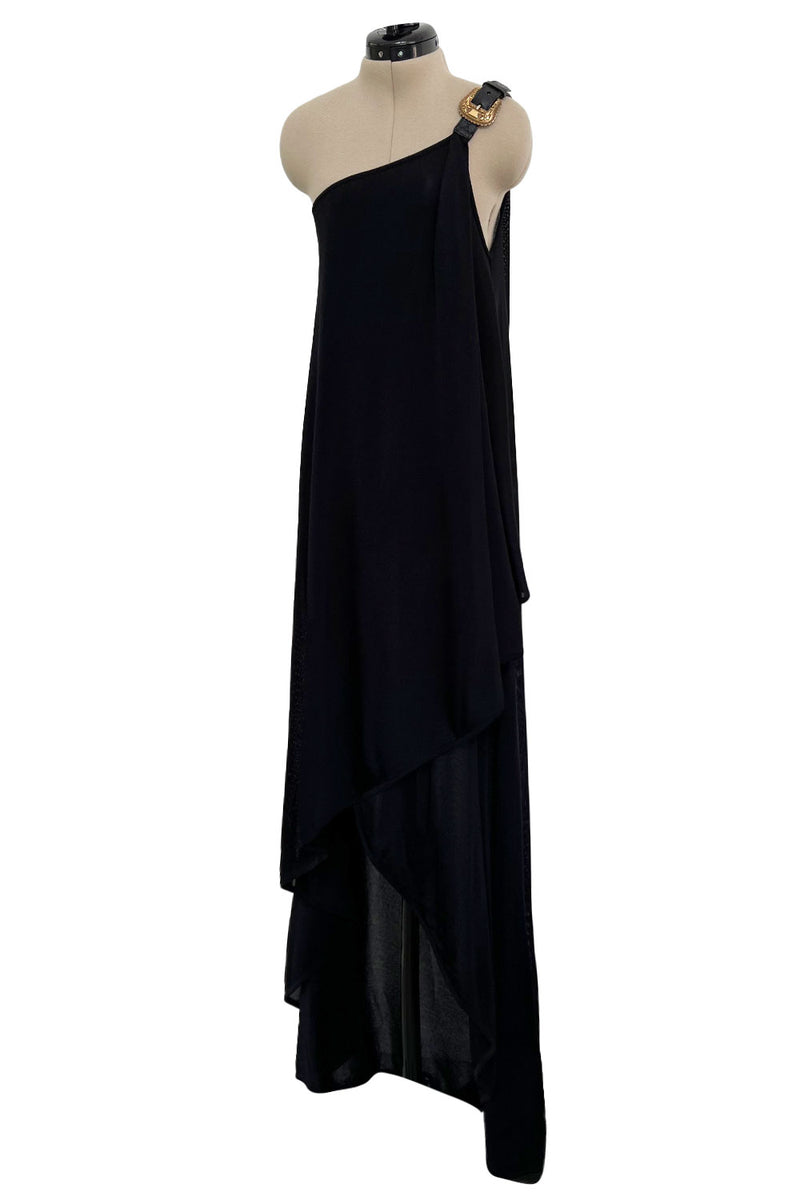 c. 2009 Alexander McQueen One Shoulder Black Knit Wrapped Dress w Buckle Detail
