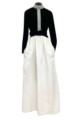 Early 1960s Harvey Berin Black Velvet & Ivory Silk Skirted Dress w Sparkling Beaded Detailing
