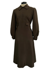 Elegant 1970s Madame Gres Haute Couture Chocolate Brown Day Dress w Full Sleeves & Collar