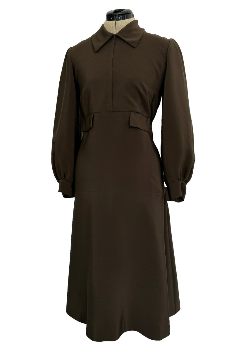 Elegant 1970s Madame Gres Haute Couture Chocolate Brown Day Dress w Full Sleeves & Collar