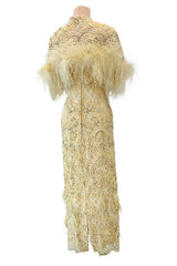 Fabulous 1950s Unlabeled Pearl, Bead & Feather Detailed Yellow Lace Dress w Matching Cape