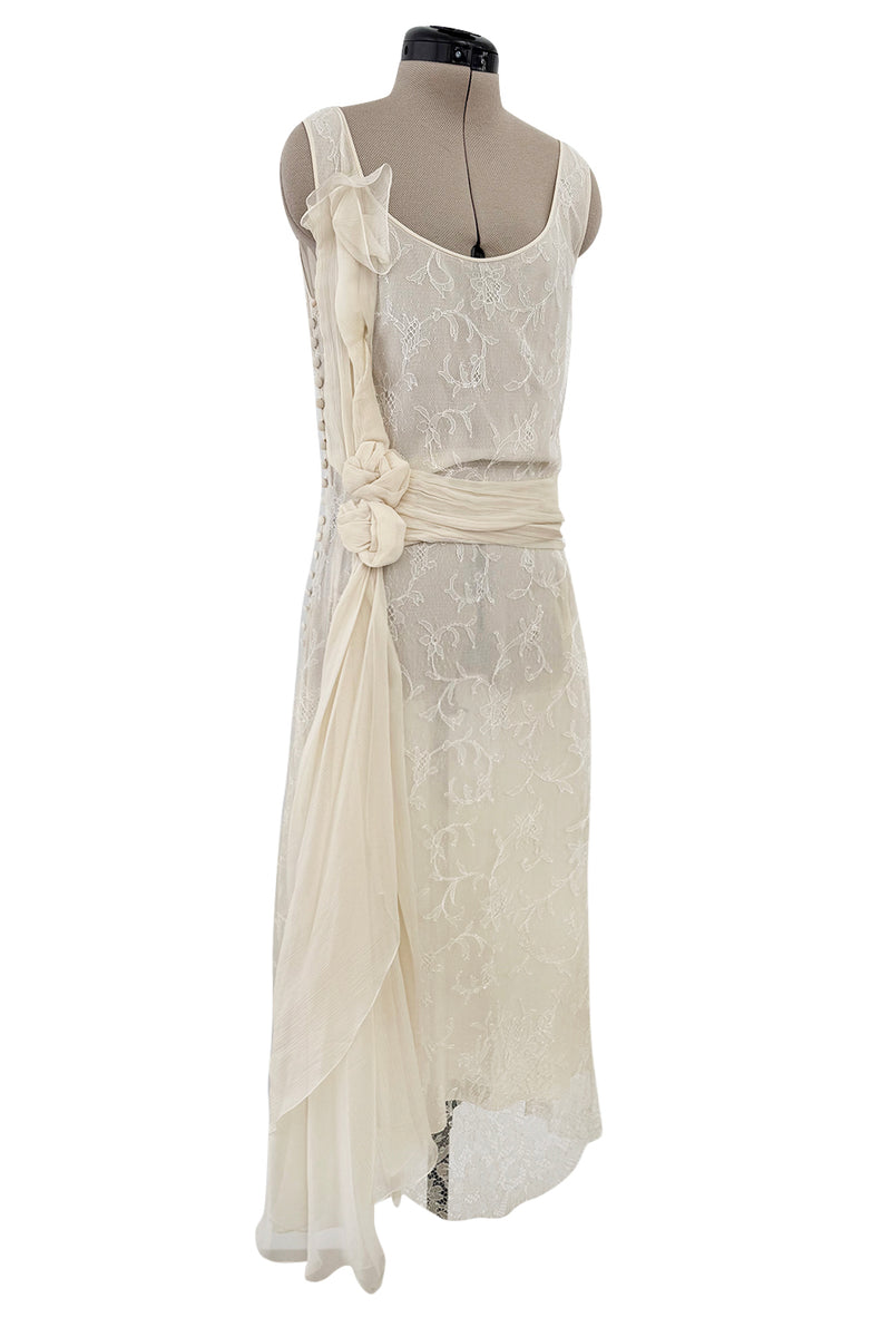 Fall 2007 John Galliano Ivory Silk Chiffon & Lace Dress w Silk Rosettes