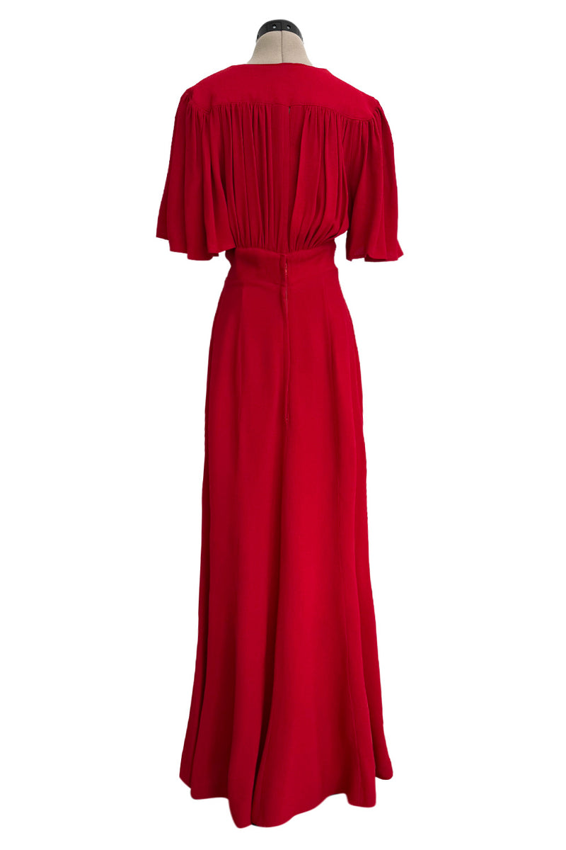 Fantastic Fall 1974 Ossie Clark Runway Documented Red Moss Crepe Dress w Plunging Front & Caped Sleeves