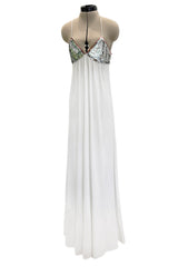 Late 1970s Ossie Clark White Jersey w Silver & Bronze Sequin Halter Dress w Matching Jacket