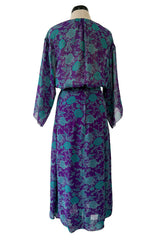 1976 Christian Dior by Marc Bohan Printed Purple & Turquoise Silk Chiffon Skirt & Jacket Set