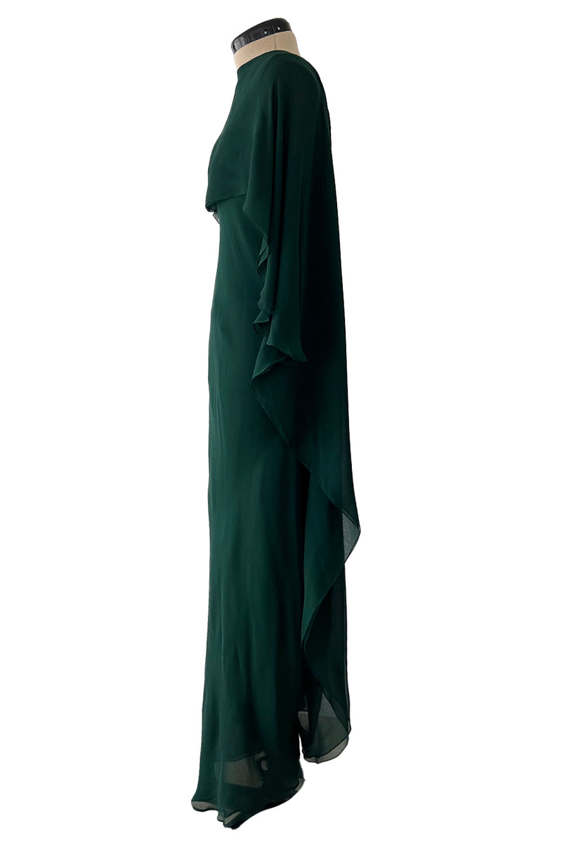 Fall 1975 Beautiful Halston Runway Flowing Deep Green Silk Chiffon w Low Back Plunge