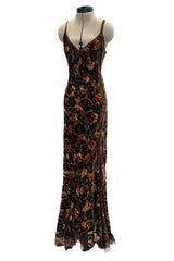Beautiful Fall 2005 John Galliano Bias Cut Soft Brown Cut Devore Velvet & Chiffon Floral Print Dress