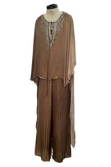 Amazing 1970s Unlabelled Feather Light Graduated Silk Ribbon Chiffon Cape Top & Wide Leg Pant Set