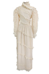 Incredibly Rare Fall 1979 Chloe by Karl Lagerfeld Couture Runway Ivory Chiffon & Lace Dress w pearl Details