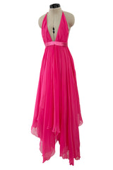 Recent Givenchy Vivid Silk Pink Chiffon Halter Dress w Completely Open Back & Multi Length Hem