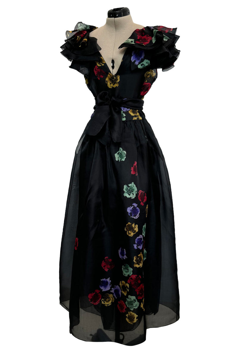 Spring 1981 Unlabeled Christian Dior Floral Print Silk Organza Dress w Shrimpton Couture Spring 1981 Unlabeled Christian Dior Floral Print Silk Organza Dress w Shrimpton Couture