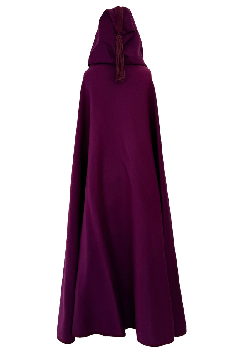 Iconic Fall 1976 Yves Saint Laurent Deep Purple Hooded Cape w Braided Edges & Tassel Details