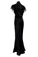 Iconic Fall 2005 John Galliano Black Silk Bias Cut Dress w Plunge Front & Lace Trimmed Cap Sleeves