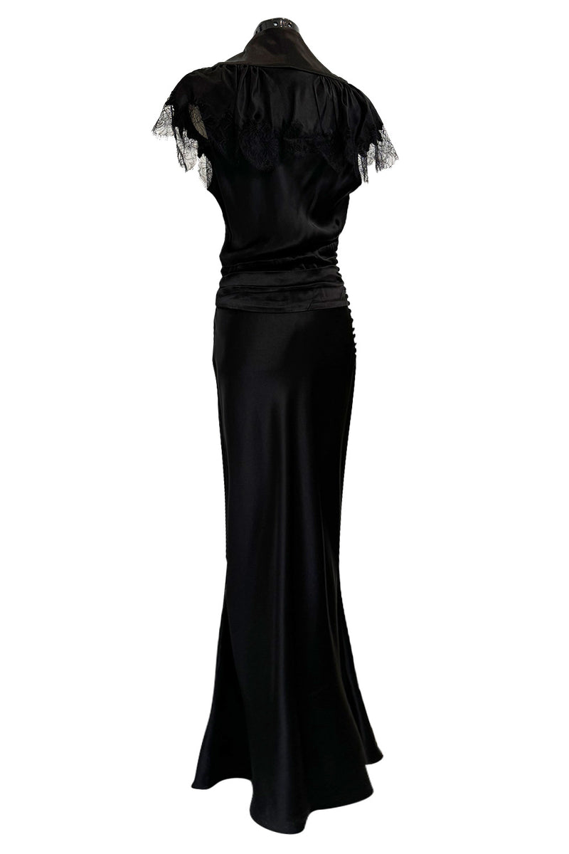 Iconic Fall 2005 John Galliano Black Silk Bias Cut Dress w Plunge Front & Lace Trimmed Cap Sleeves
