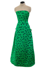 1980s Arnold Scaasi Brillaint Emerald Green Strapless Dress w Woven Heart Print & Bows