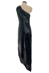 Museum Held 1974 Bill Blass One Shoulder Glossy Black Sequin Dress w Asymetrical Fringe Hem