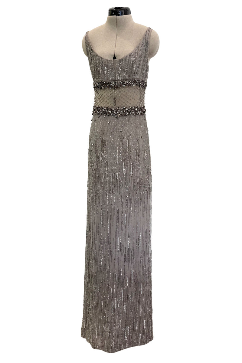 2010s Valentino by Pierpaolo Piccioli & Maria Grazia Chiuri Sequin & Rhinestone Embellished Deep Silver Silk Dress