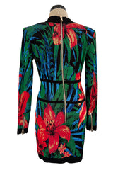 Stunning 2010s Balmain by Olivier Rousteing Huge Floral Print Front Plunge Knit Mini Dress