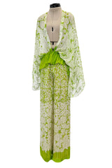 Fantastic 1970s Pauline Trigere Two Piece Green Silk Chiffon  Plunge Top & Wide Leg Pant Set