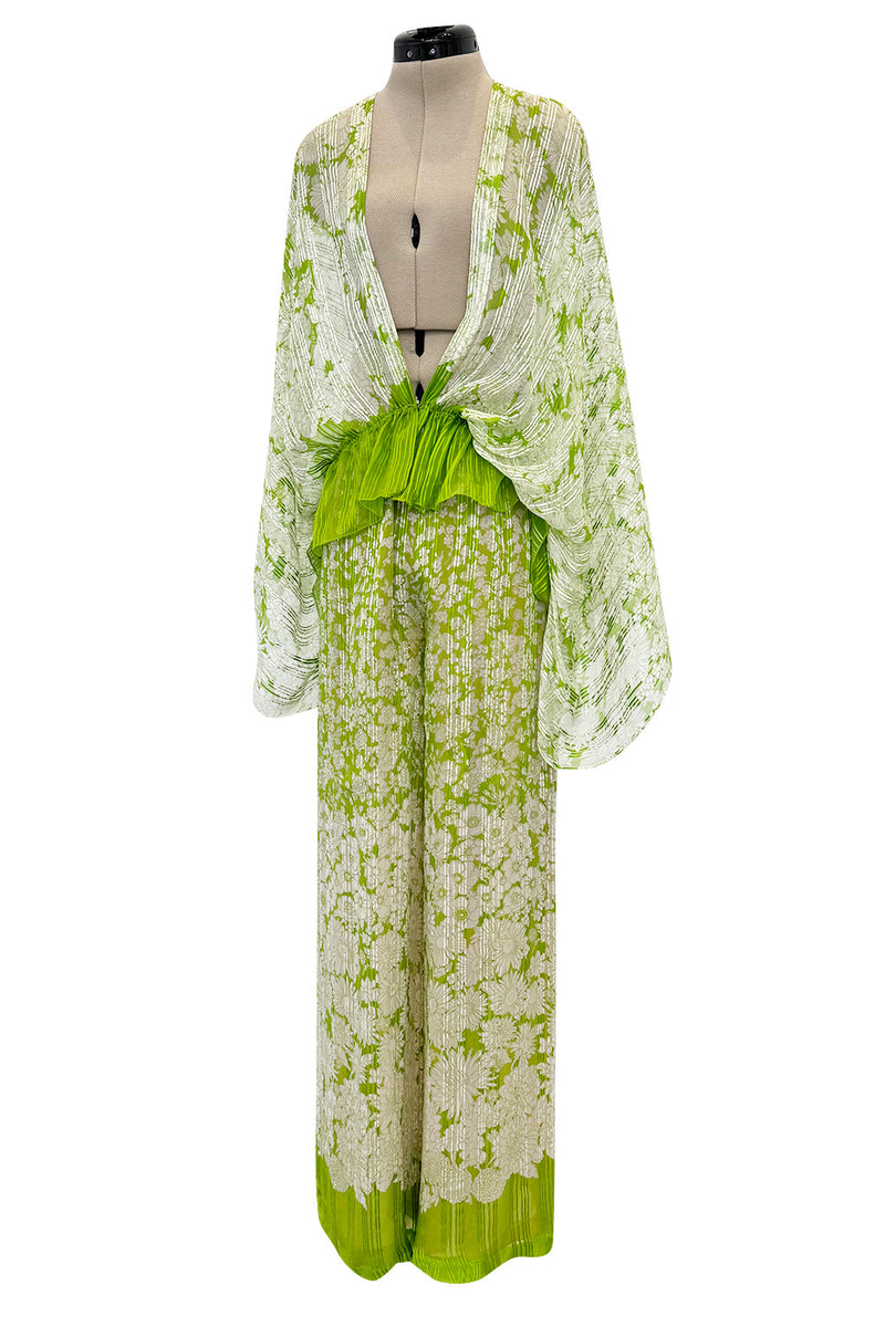 Fantastic 1970s Pauline Trigere Two Piece Green Silk Chiffon  Plunge Top & Wide Leg Pant Set