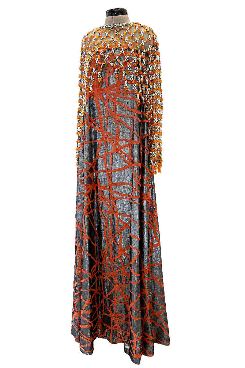 Ultra Rare 1990s Paco Rabanne Haute Couture Metallic Silver & Coral Dress w Chainlink Top & Headpiece