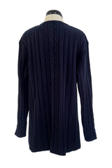 Fantastic 1980-90s Louis Feraud Deep Blue Cable Knit Cardigan Sweater w Metal Gold Tone Buttons
