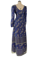 1970s Lanvin by Jules-Francois Crahay Demi-Couture Metallic Gold Detailing Blue Dress