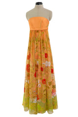 Gorgeous 1970s Hanae Mori Strapless Pastel Floral Print Chiffon & Silk Dress w Shawl