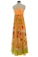 Gorgeous 1968 Hanae Mori Strapless Pastel Peach Floral Print Chiffon & Silk Dress w Shawl