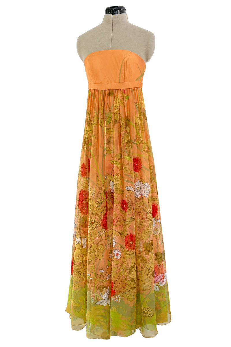 Gorgeous 1970s Hanae Mori Strapless Pastel Floral Print Chiffon & Silk Dress w Shawl