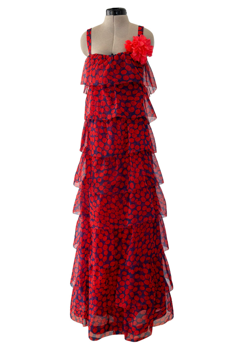 Gorgeous 1970s Givenchy Blue & Red Dot Tiered Silk Organza Ruffle Dress