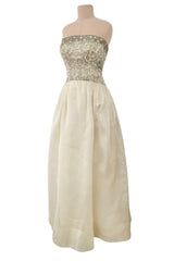 Exceptional 1959 Balenciaga Haute Couture Strapless Ivory Silk Chiffon w Metallic Embroidery
