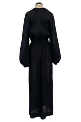 Incredible Spring 1978 Halston IV Plunged & Pleated Black Wrap Runway Dress w Balloon Sleeves