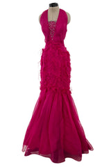1990s Thierry Mugler Pink Silk Organza Halter Dress w Full Lower Skirts & Sequin Detailing
