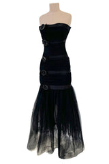 Fantastic Spring 1987 Yves Saint Laurent Strapless Dotted Silk Net Strapless Dress w Rhinestone Detail & Full Lower Skirts
