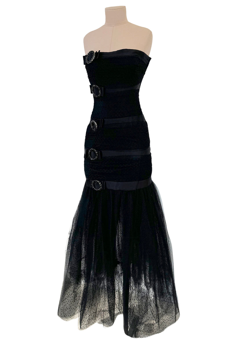 Fantastic Spring 1987 Yves Saint Laurent Strapless Dotted Silk Net Strapless Dress w Rhinestone Detail & Full Lower Skirts